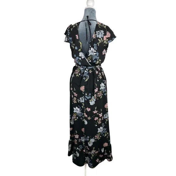 BO.G Collective Floral Wrap Maxi Dress Black/Blue Small With Flutter Sleeves NWT - Picture 2 of 16